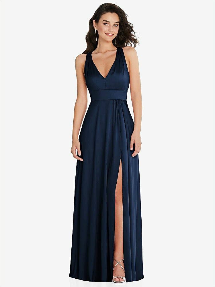 【NEW】【STYLE: 6863】Shirred 肩 Criss Cross Back Maxi ドレス 前面 スリット【COLOR: Midnight Navy】【SIZE: 00-30W】