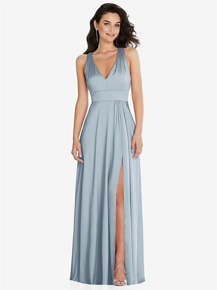 【NEW】【STYLE: 6863】Shirred 肩 Criss Cross Back Maxi ドレス 前面 スリット【COLOR: Mist】【SIZE: 00-30W】