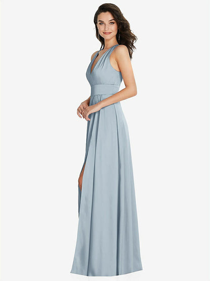 【NEW】【STYLE: 6863】Shirred 肩 Criss Cross Back Maxi ドレス 前面 スリット【COLOR: Mist】【SIZE: 00-30W】