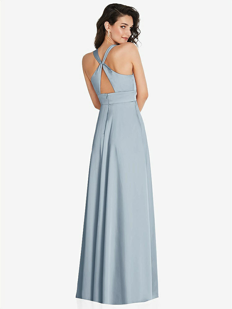 【NEW】【STYLE: 6863】Shirred 肩 Criss Cross Back Maxi ドレス 前面 スリット【COLOR: Mist】【SIZE: 00-30W】