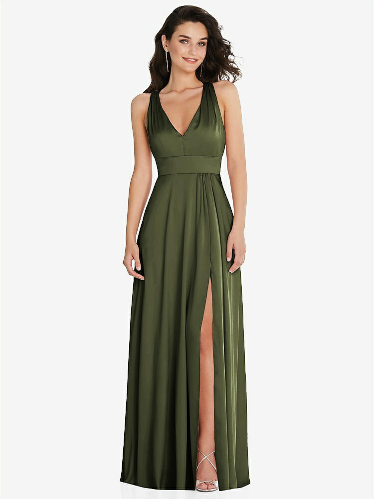 【STYLE: 6863】Shirred Shoulder Criss Cross Back Maxi Dress with Front Slit【COLOR: Olive Green】