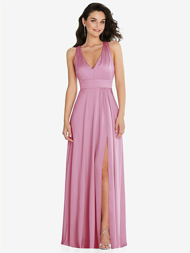 【NEW】【STYLE: 6863】Shirred 肩 Criss Cross Back Maxi ドレス 前面 スリット【COLOR: Powder Pink】【SIZE: 00-30W】
