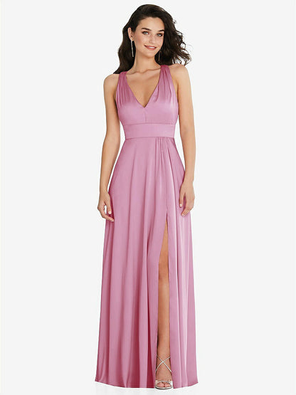 【NEW】【STYLE: 6863】Shirred 肩 Criss Cross Back Maxi ドレス 前面 スリット【COLOR: Powder Pink】【SIZE: 00-30W】