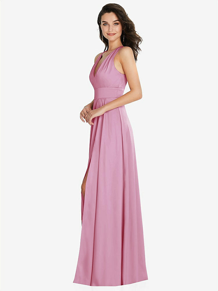 【NEW】【STYLE: 6863】Shirred 肩 Criss Cross Back Maxi ドレス 前面 スリット【COLOR: Powder Pink】【SIZE: 00-30W】