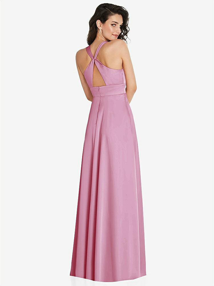 【NEW】【STYLE: 6863】Shirred 肩 Criss Cross Back Maxi ドレス 前面 スリット【COLOR: Powder Pink】【SIZE: 00-30W】