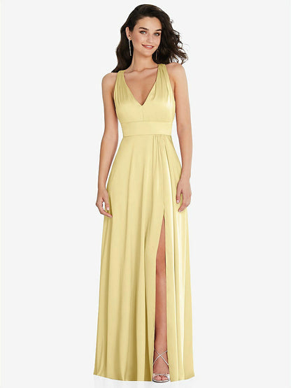 【NEW】【STYLE: 6863】Shirred 肩 Criss Cross Back Maxi ドレス 前面 スリット【COLOR: Pale Yellow】【SIZE: 00-30W】
