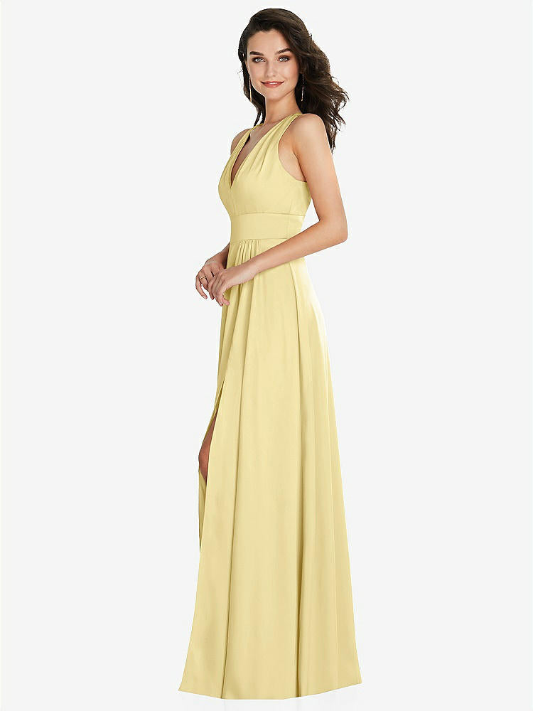 【NEW】【STYLE: 6863】Shirred 肩 Criss Cross Back Maxi ドレス 前面 スリット【COLOR: Pale Yellow】【SIZE: 00-30W】