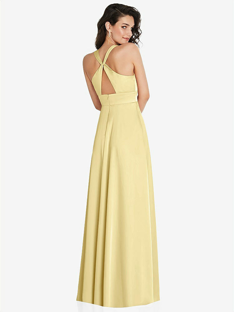【NEW】【STYLE: 6863】Shirred 肩 Criss Cross Back Maxi ドレス 前面 スリット【COLOR: Pale Yellow】【SIZE: 00-30W】