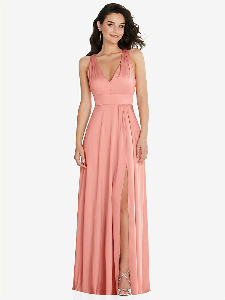 【NEW】【STYLE: 6863】Shirred 肩 Criss Cross Back Maxi ドレス 前面 スリット【COLOR: Rose - PANTONE Rose Quartz】【SIZE: 00-30W】