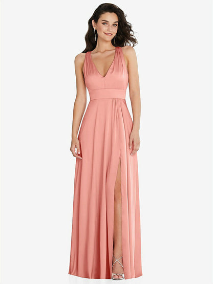 【NEW】【STYLE: 6863】Shirred 肩 Criss Cross Back Maxi ドレス 前面 スリット【COLOR: Rose - PANTONE Rose Quartz】【SIZE: 00-30W】