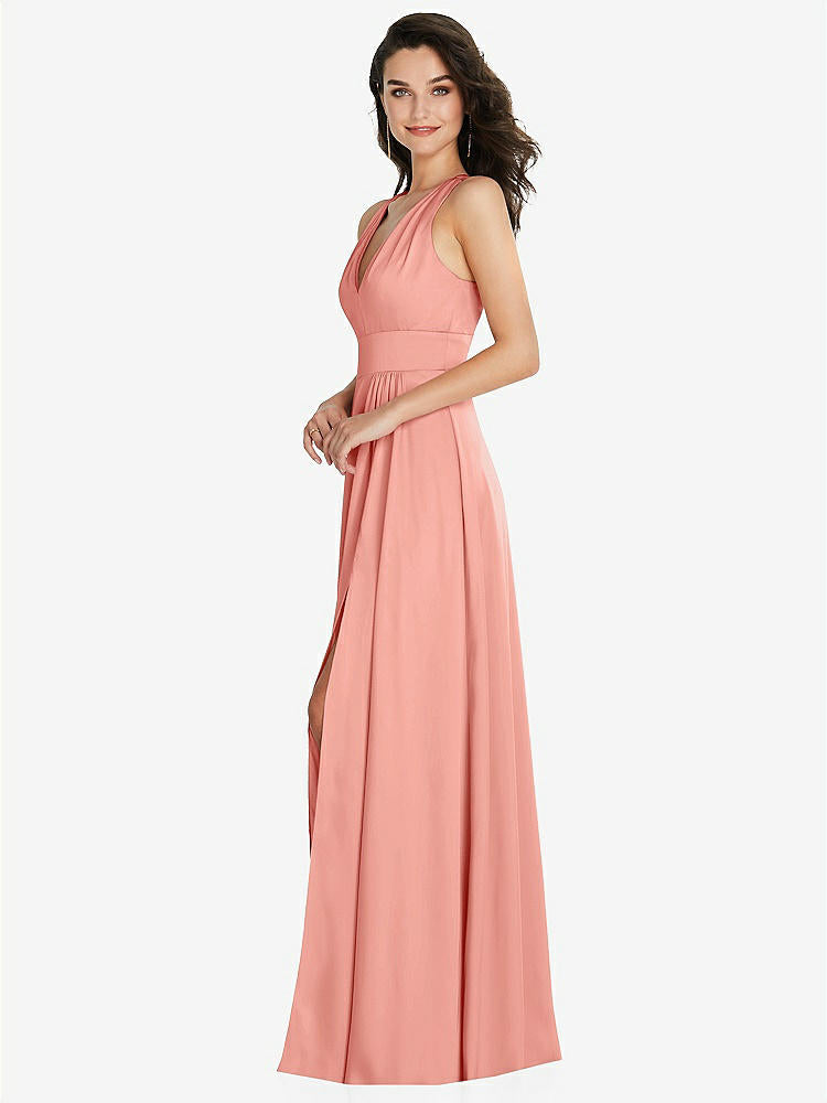 【NEW】【STYLE: 6863】Shirred 肩 Criss Cross Back Maxi ドレス 前面 スリット【COLOR: Rose - PANTONE Rose Quartz】【SIZE: 00-30W】