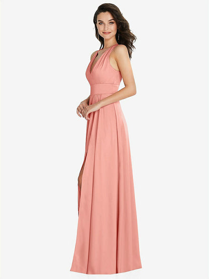 【NEW】【STYLE: 6863】Shirred 肩 Criss Cross Back Maxi ドレス 前面 スリット【COLOR: Rose - PANTONE Rose Quartz】【SIZE: 00-30W】