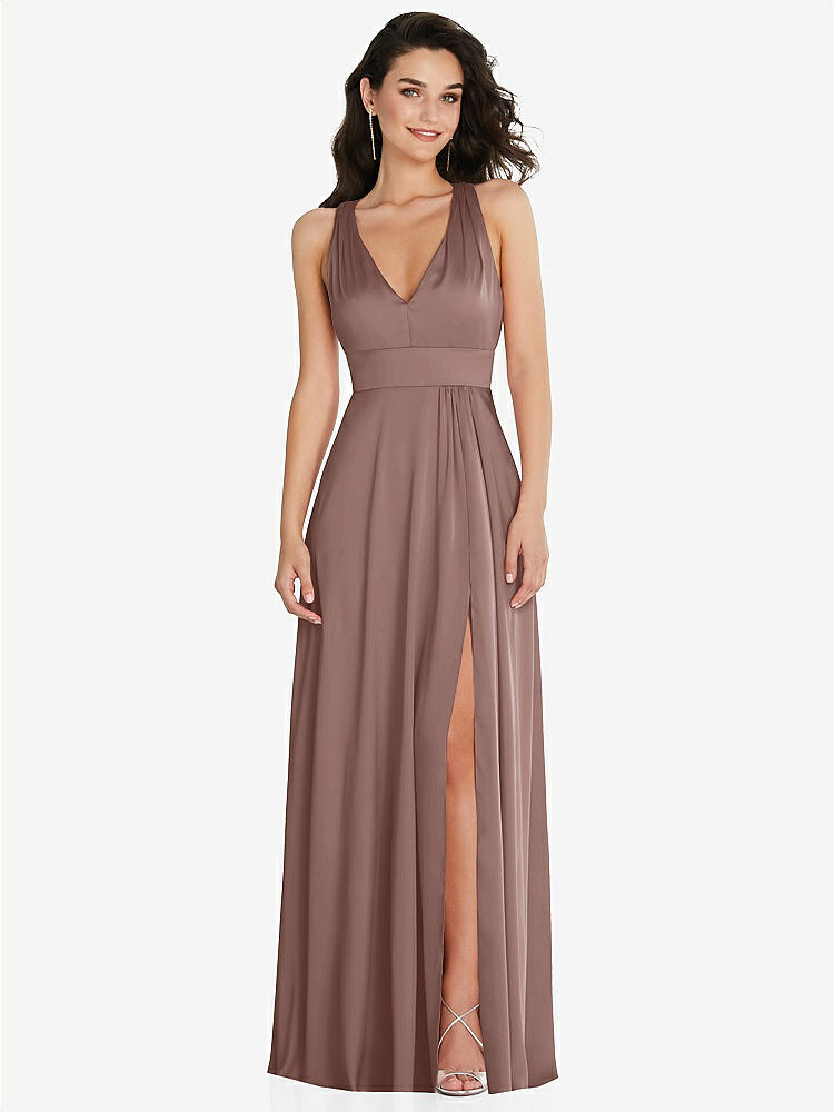 【STYLE: 6863】Shirred Shoulder Criss Cross Back Maxi Dress with Front Slit【COLOR: Sienna】