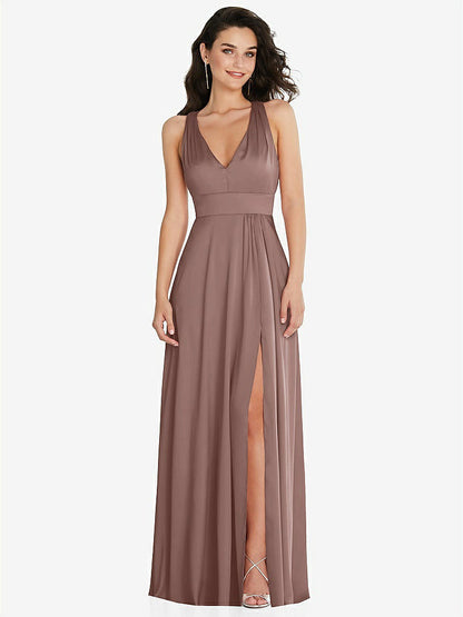 【STYLE: 6863】Shirred Shoulder Criss Cross Back Maxi Dress with Front Slit【COLOR: Sienna】