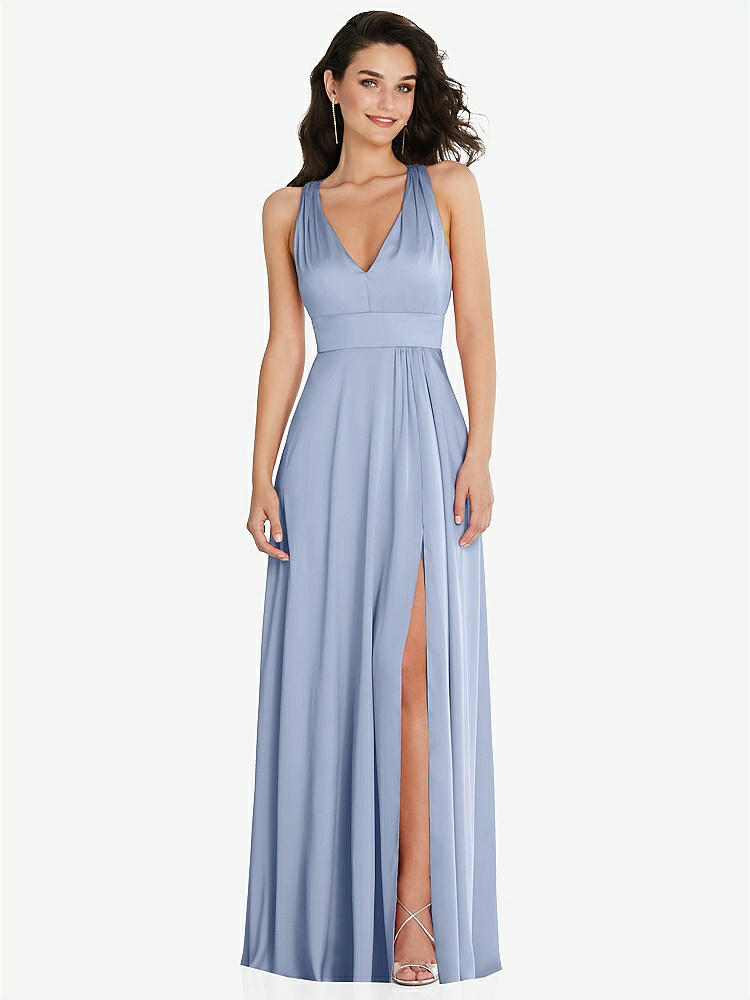 【NEW】【STYLE: 6863】Shirred 肩 Criss Cross Back Maxi ドレス 前面 スリット【COLOR: Sky Blue】【SIZE: 00-30W】