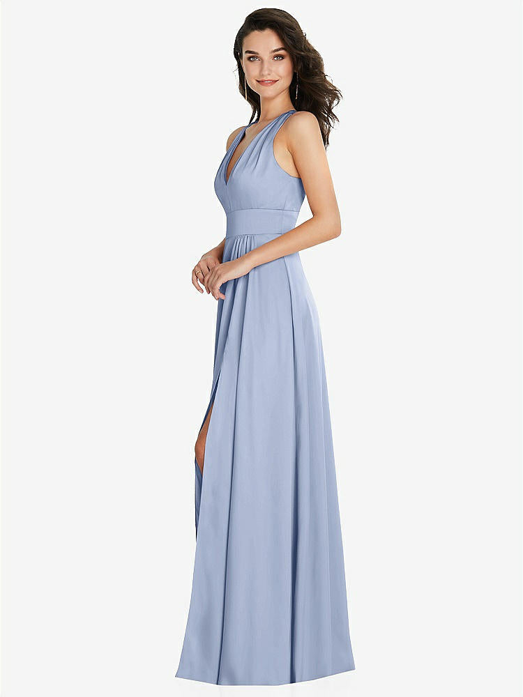 【NEW】【STYLE: 6863】Shirred 肩 Criss Cross Back Maxi ドレス 前面 スリット【COLOR: Sky Blue】【SIZE: 00-30W】