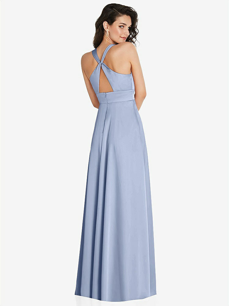 【NEW】【STYLE: 6863】Shirred 肩 Criss Cross Back Maxi ドレス 前面 スリット【COLOR: Sky Blue】【SIZE: 00-30W】