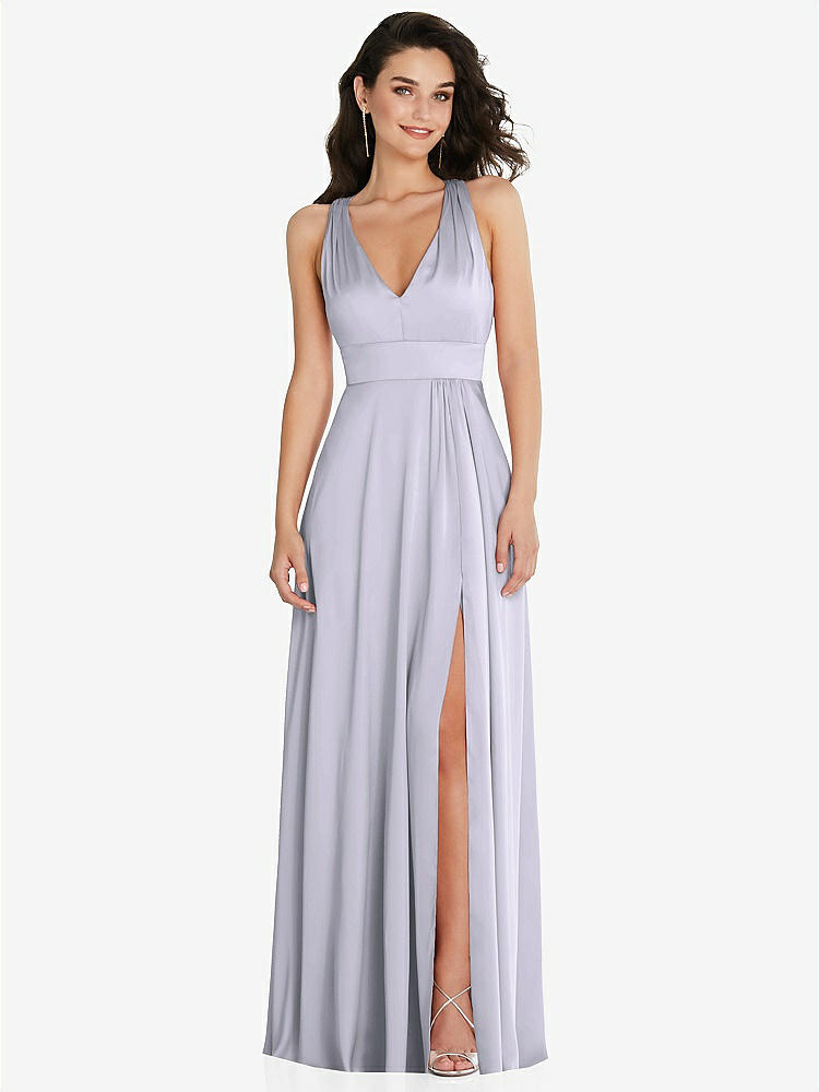 【NEW】【STYLE: 6863】Shirred 肩 Criss Cross Back Maxi ドレス 前面 スリット【COLOR: Silver Dove】【SIZE: 00-30W】