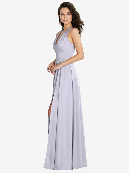 【NEW】【STYLE: 6863】Shirred 肩 Criss Cross Back Maxi ドレス 前面 スリット【COLOR: Silver Dove】【SIZE: 00-30W】