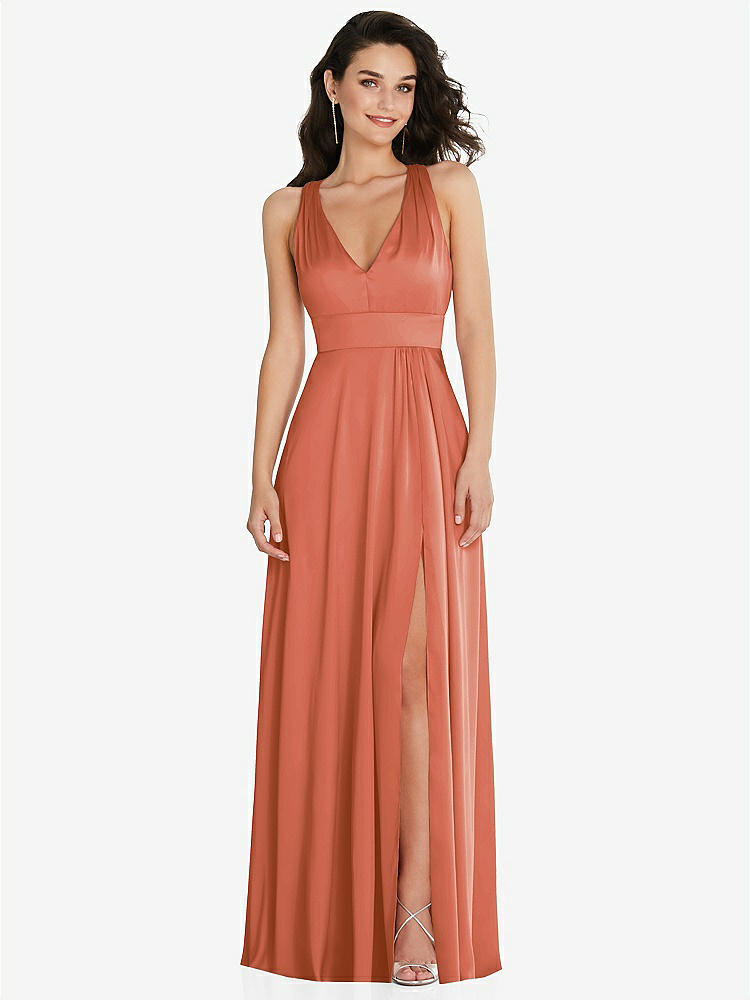 【NEW】【STYLE: 6863】Shirred 肩 Criss Cross Back Maxi ドレス 前面 スリット【COLOR: Terracotta Copper】【SIZE: 00-30W】