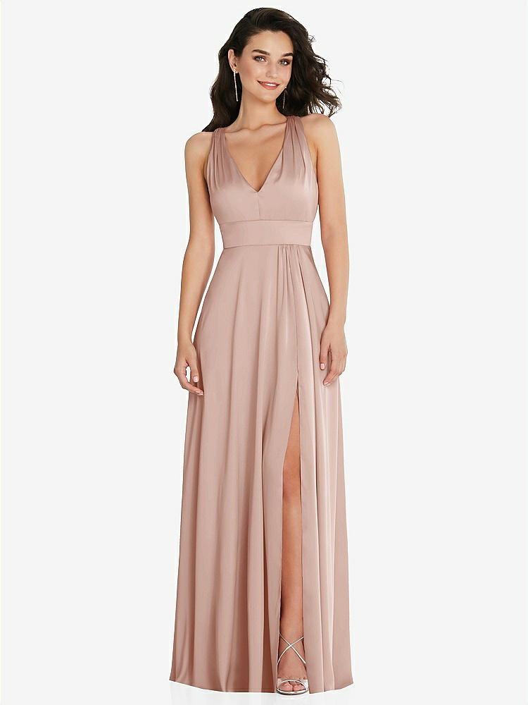 【NEW】【STYLE: 6863】Shirred 肩 Criss Cross Back Maxi ドレス 前面 スリット【COLOR: Toasted Sugar】【SIZE: 00-30W】