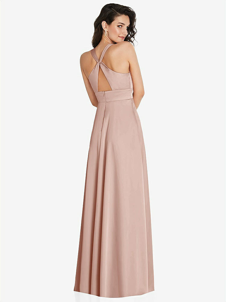 【NEW】【STYLE: 6863】Shirred 肩 Criss Cross Back Maxi ドレス 前面 スリット【COLOR: Toasted Sugar】【SIZE: 00-30W】