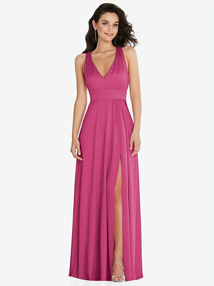 【NEW】【STYLE: 6863】Shirred 肩 Criss Cross Back Maxi ドレス 前面 スリット【COLOR: Tea Rose】【SIZE: 00-30W】