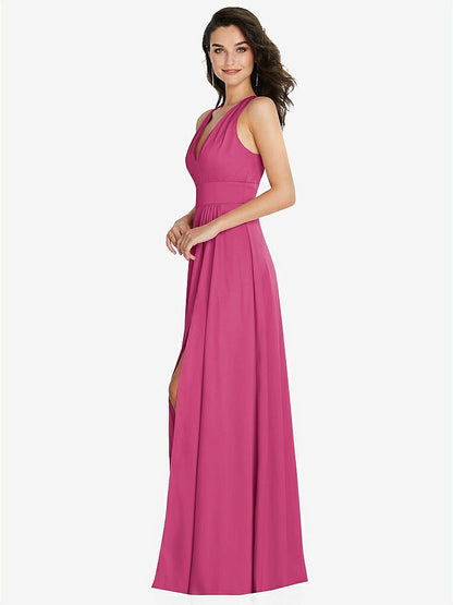 【NEW】【STYLE: 6863】Shirred 肩 Criss Cross Back Maxi ドレス 前面 スリット【COLOR: Tea Rose】【SIZE: 00-30W】