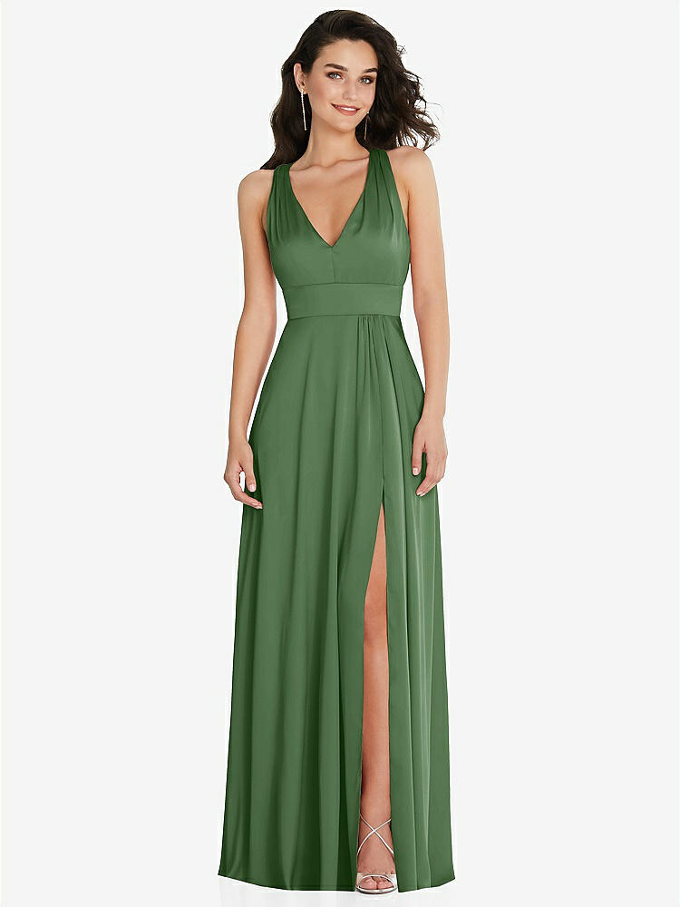 【STYLE: 6863】Shirred Shoulder Criss Cross Back Maxi Dress with Front Slit【COLOR: Vineyard Green】