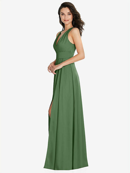 【STYLE: 6863】Shirred Shoulder Criss Cross Back Maxi Dress with Front Slit【COLOR: Vineyard Green】