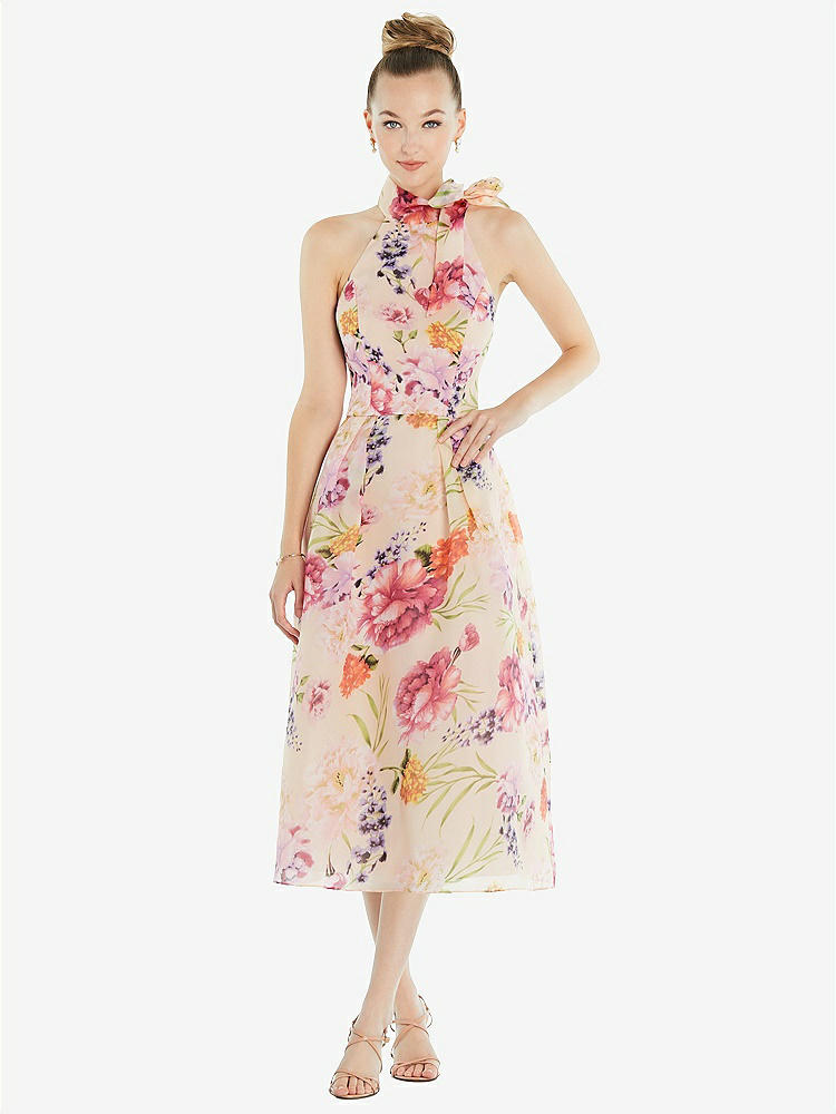 【STYLE: D833FP】Scarf-Tie High-Neck Halter Pink Floral Organdy Midi Dress【COLOR: Penelope Floral Print】