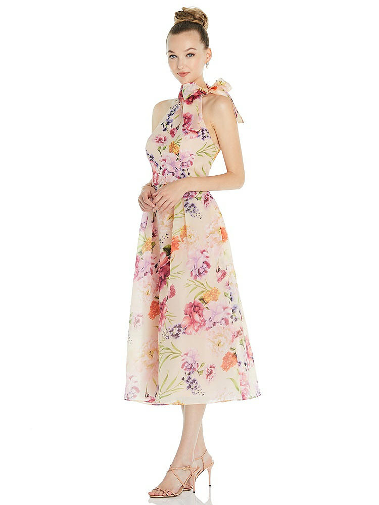 【STYLE: D833FP】Scarf-Tie High-Neck Halter Pink Floral Organdy Midi Dress【COLOR: Penelope Floral Print】