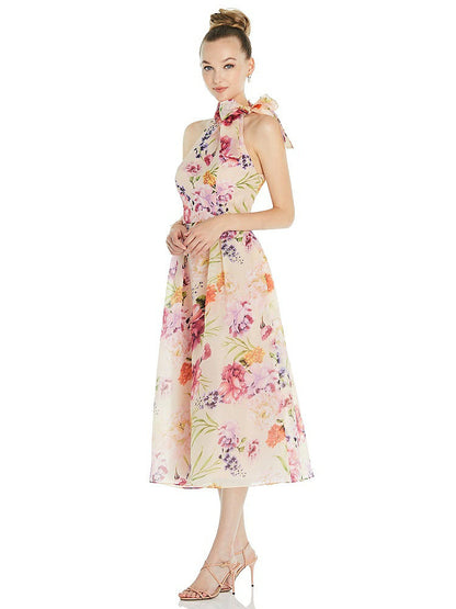 【STYLE: D833FP】Scarf-Tie High-Neck Halter Pink Floral Organdy Midi Dress【COLOR: Penelope Floral Print】