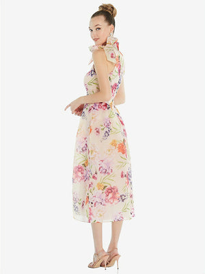 【STYLE: D833FP】Scarf-Tie High-Neck Halter Pink Floral Organdy Midi Dress【COLOR: Penelope Floral Print】