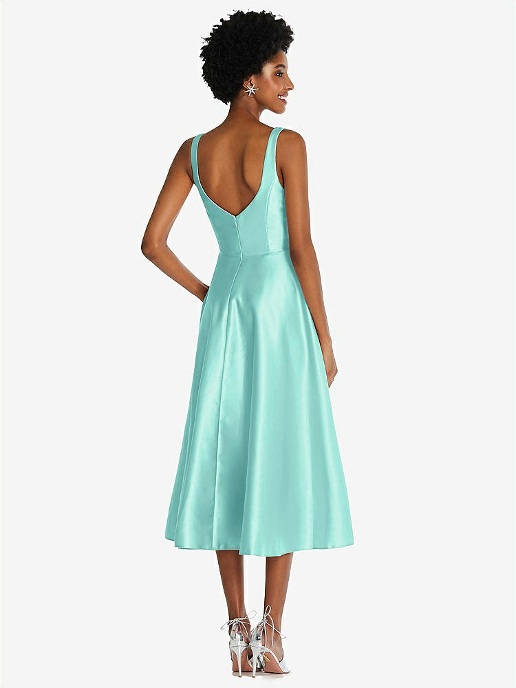 【STYLE: TH092】Square Neck Full Skirt Satin Midi Dress with Pockets【COLOR: Coastal】