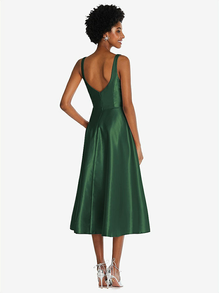 【STYLE: TH092】Square Neck Full Skirt Satin Midi Dress with Pockets【COLOR: Hampton Green】