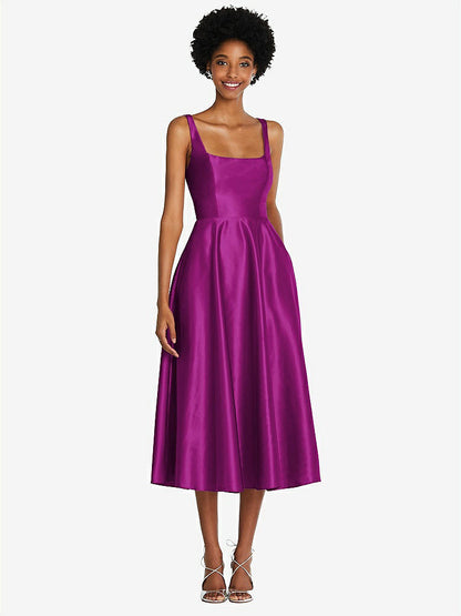 【STYLE: TH092】Square Neck Full Skirt Satin Midi Dress with Pockets【COLOR: Persian Plum】