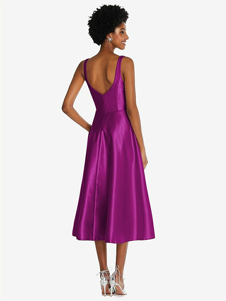 【STYLE: TH092】Square Neck Full Skirt Satin Midi Dress with Pockets【COLOR: Persian Plum】