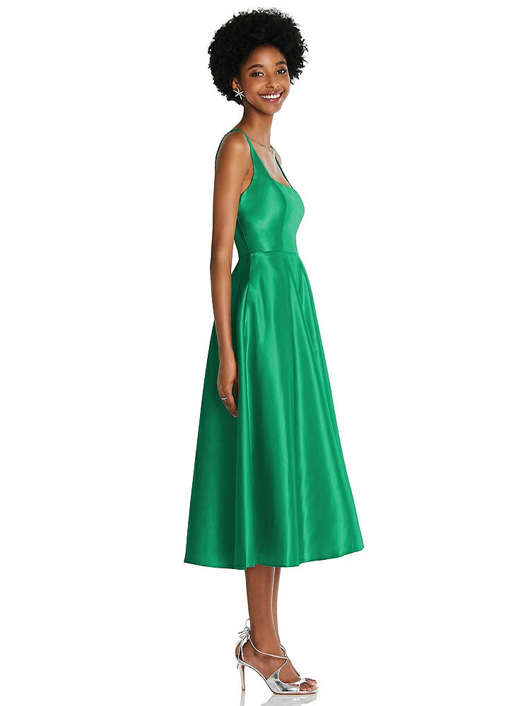 【STYLE: TH092】Square Neck Full Skirt Satin Midi Dress with Pockets【COLOR: Pantone Emerald】