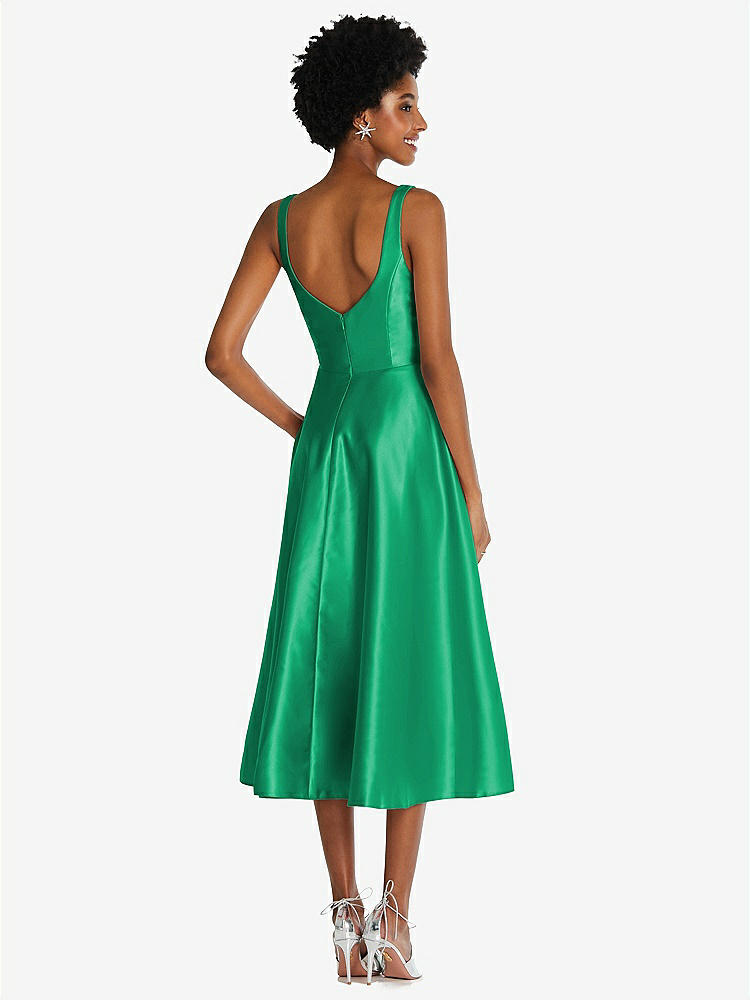 【STYLE: TH092】Square Neck Full Skirt Satin Midi Dress with Pockets【COLOR: Pantone Emerald】