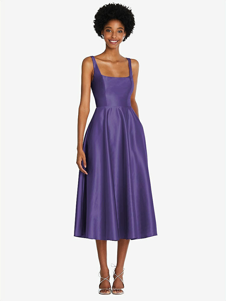 【STYLE: TH092】Square Neck Full Skirt Satin Midi Dress with Pockets【COLOR: Regalia - PANTONE Ultra Violet】