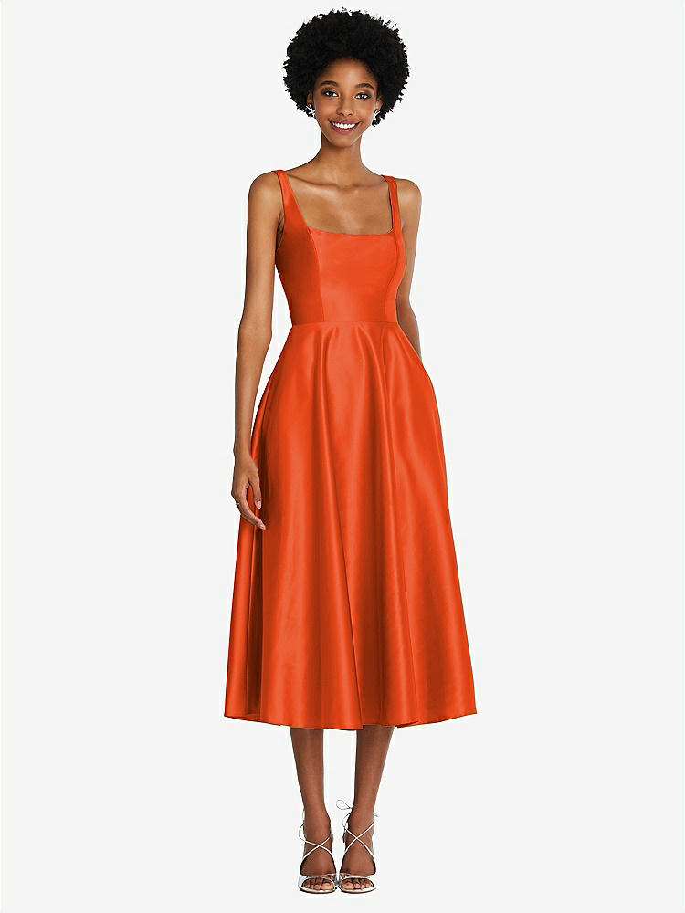 【STYLE: TH092】Square Neck Full Skirt Satin Midi Dress with Pockets【COLOR: Tangerine Tango】