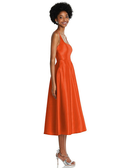 【STYLE: TH092】Square Neck Full Skirt Satin Midi Dress with Pockets【COLOR: Tangerine Tango】