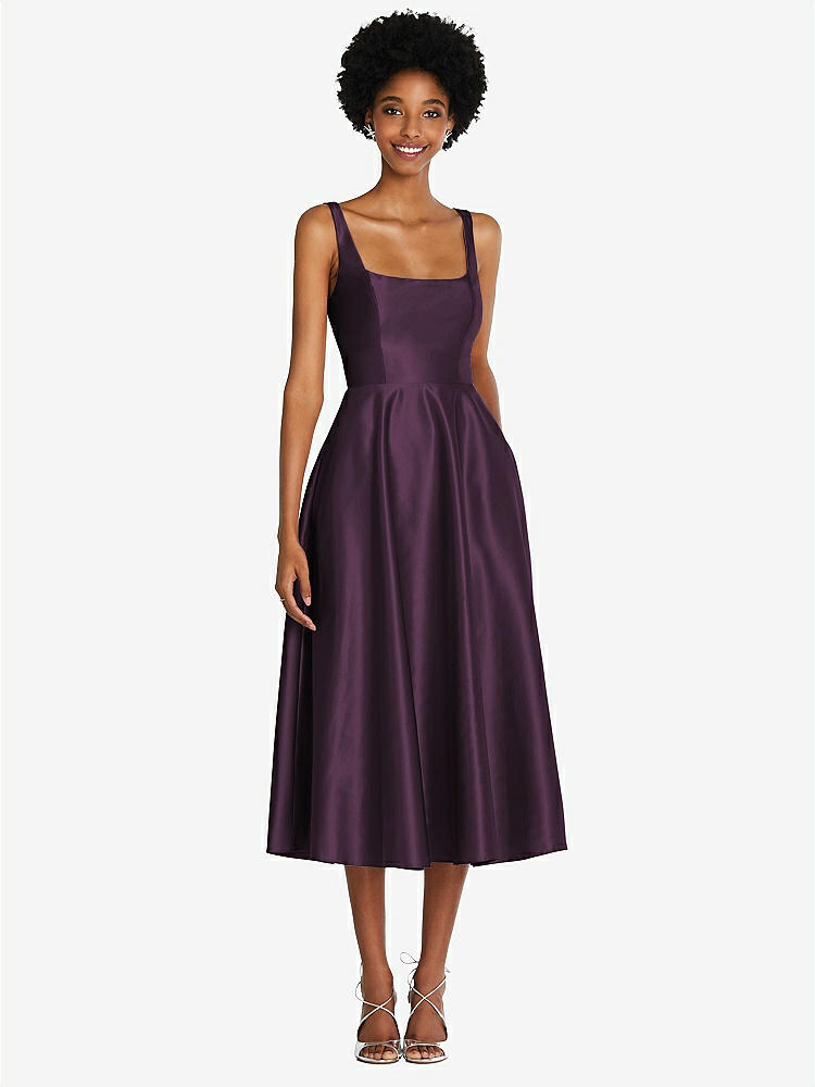 【STYLE: TH092】Square Neck Full Skirt Satin Midi Dress with Pockets【COLOR: Aubergine】