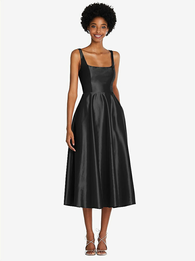 【STYLE: TH092】Square Neck Full Skirt Satin Midi Dress with Pockets【COLOR: Black】