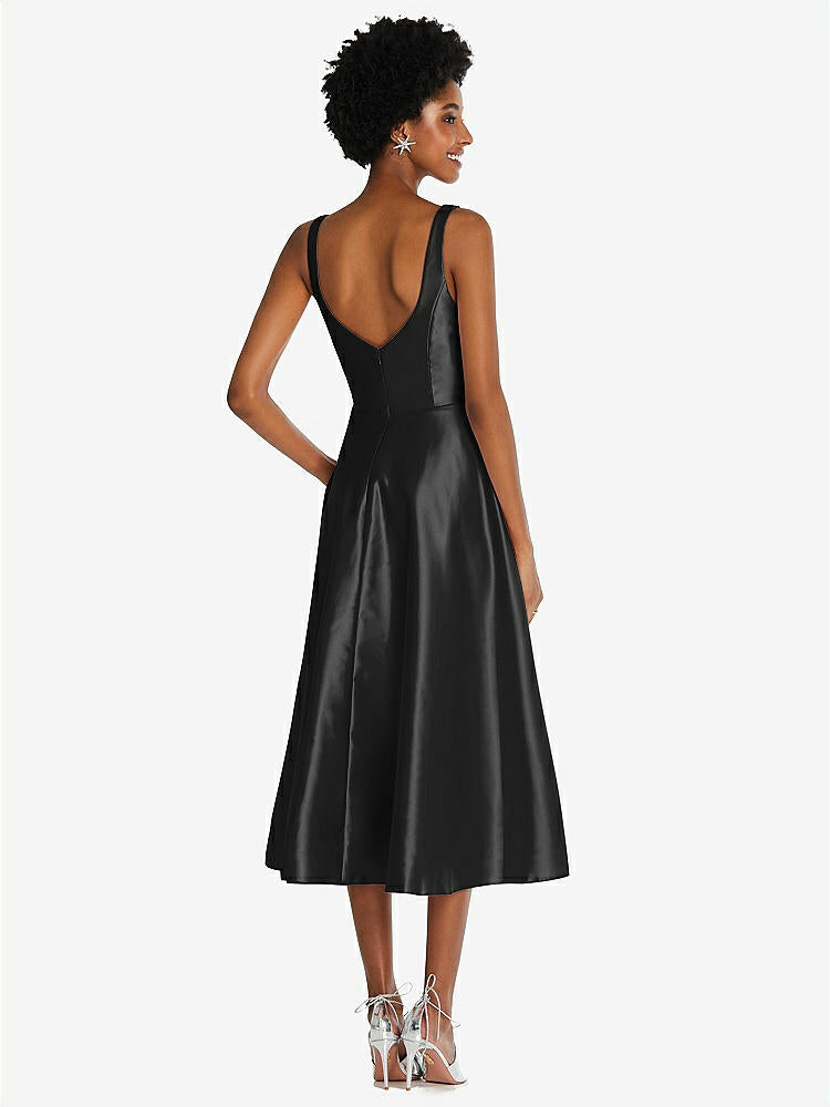 【STYLE: TH092】Square Neck Full Skirt Satin Midi Dress with Pockets【COLOR: Black】