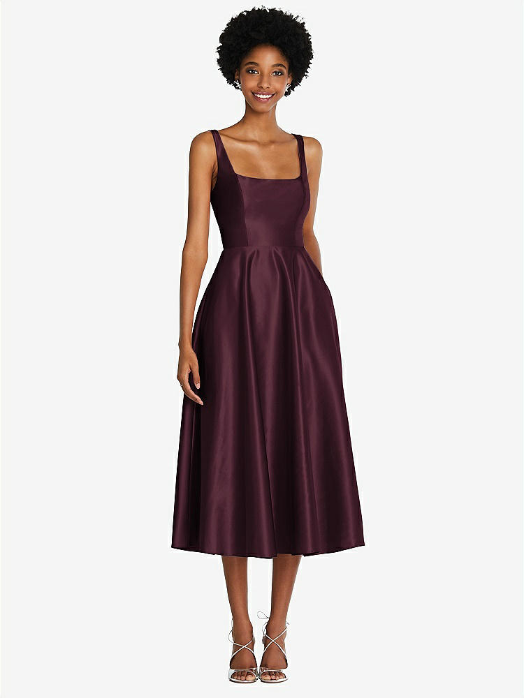【STYLE: TH092】Square Neck Full Skirt Satin Midi Dress with Pockets【COLOR: Bordeaux】