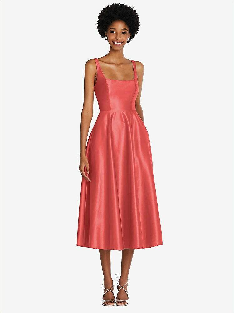 【STYLE: TH092】Square Neck Full Skirt Satin Midi Dress with Pockets【COLOR: Perfect Coral】
