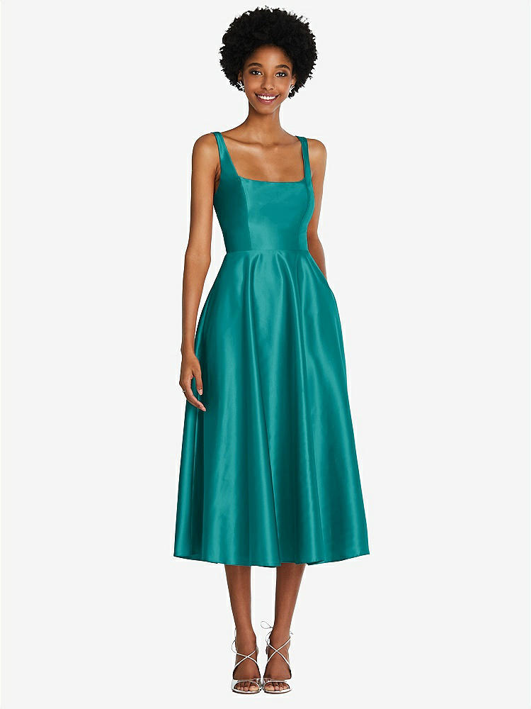 【STYLE: TH092】Square Neck Full Skirt Satin Midi Dress with Pockets【COLOR: Jade】