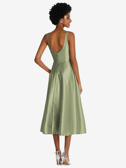 【STYLE: TH092】Square Neck Full Skirt Satin Midi Dress with Pockets【COLOR: Kiwi】